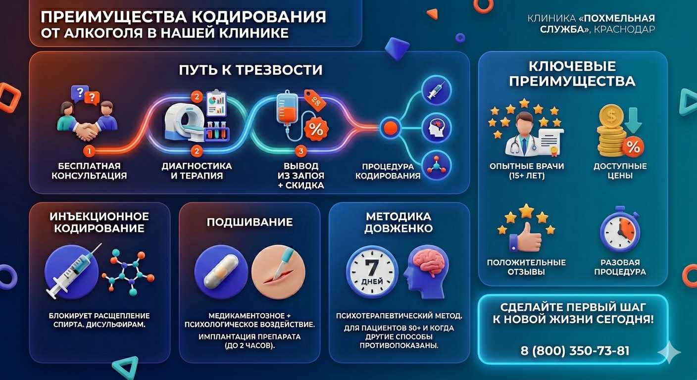Инфографика о методах кодирования от алкоголя в Верхней Туре: инъекции, подшивание, метод Довженко. Преимущества клиники и этапы лечения.